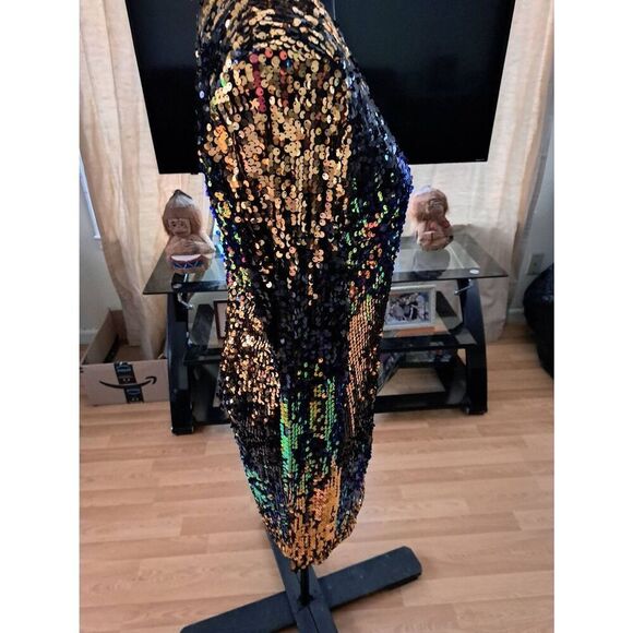 Medium Black Multicolor Sequin Bodycon Dress Stretch Mini Rear Zip Party Club - Picture 4 of 5